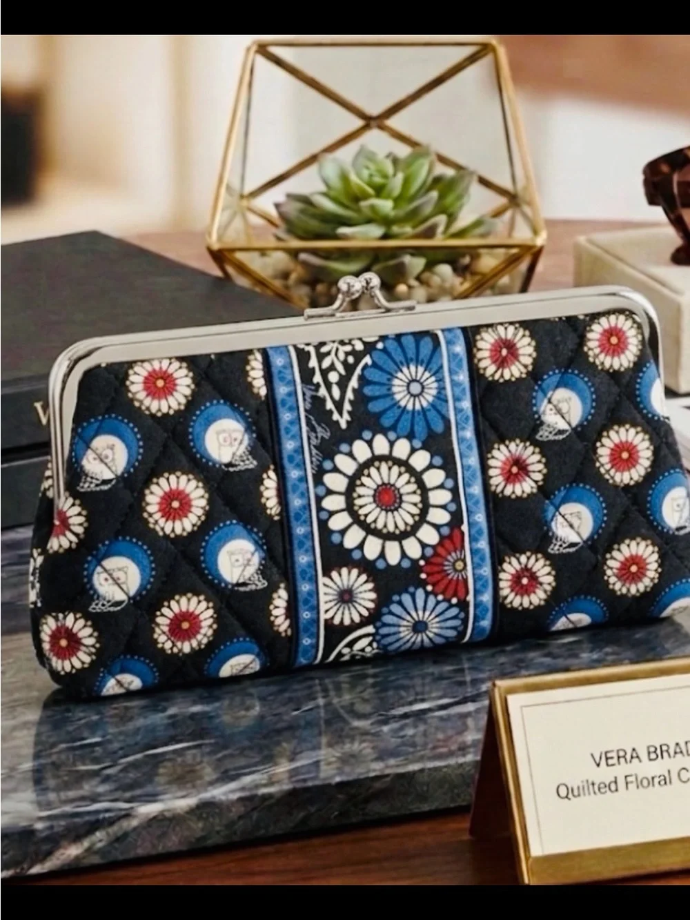 Vera Bradley Quilted Floral Clasp Clutch in Black, Blue, Red, White
